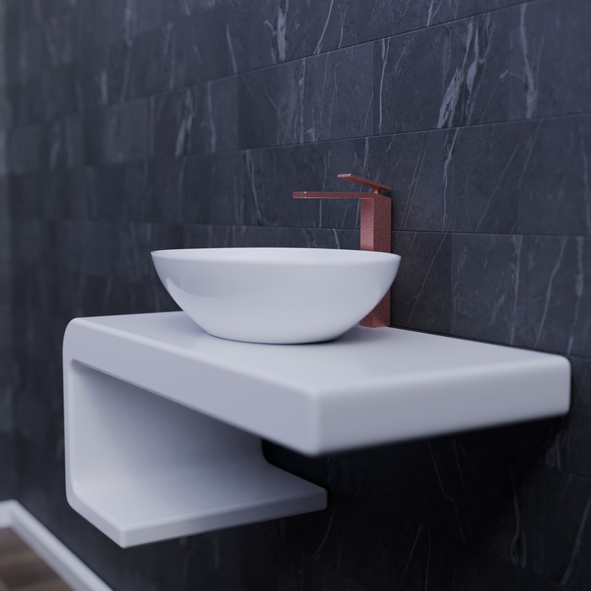 Lavabo y grifería de diseño en un baño de obra nueva